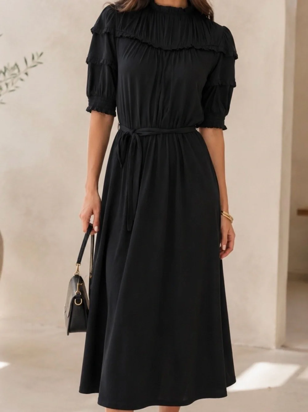 NWT Boden Black Ruffled Neck Puff Sleeve Jersey Midi Dress w/ Tie Waist Size 4P